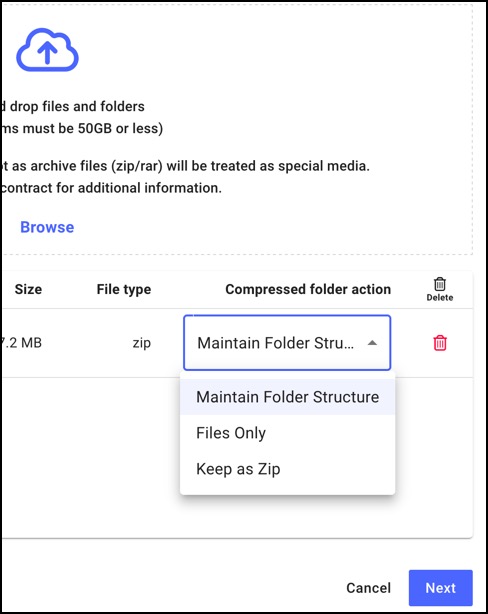 What are the options to upload compressed zip files?