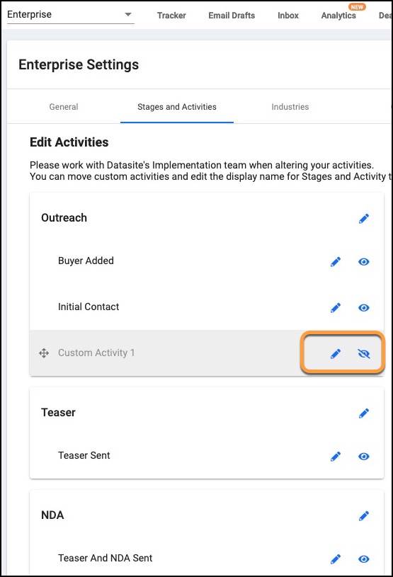 pencil icon and eye icon on the right