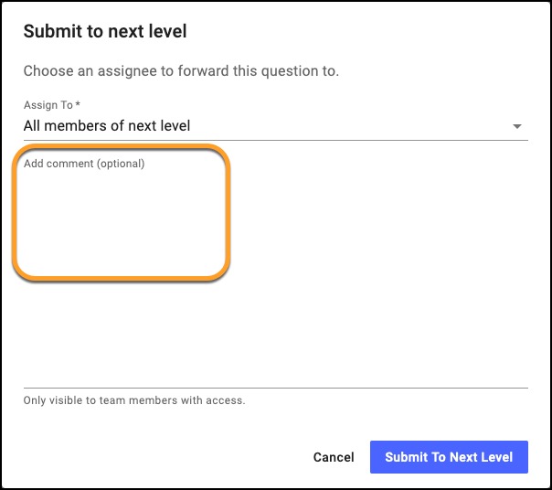 answer next level modal with option to add comment