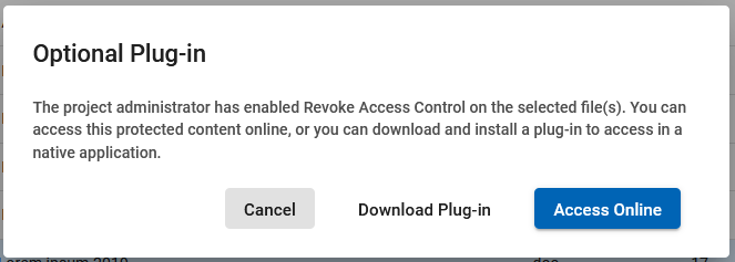 Optional Plug In pop up window with buttons Cancel, Download Plugin, and Access Online